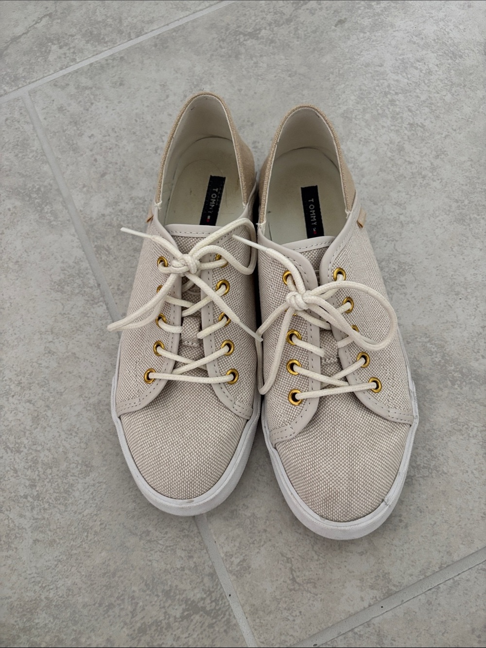 Tommy Hilfiger Cream Canvas Lace-Up Sneakers with Gold Eyelets